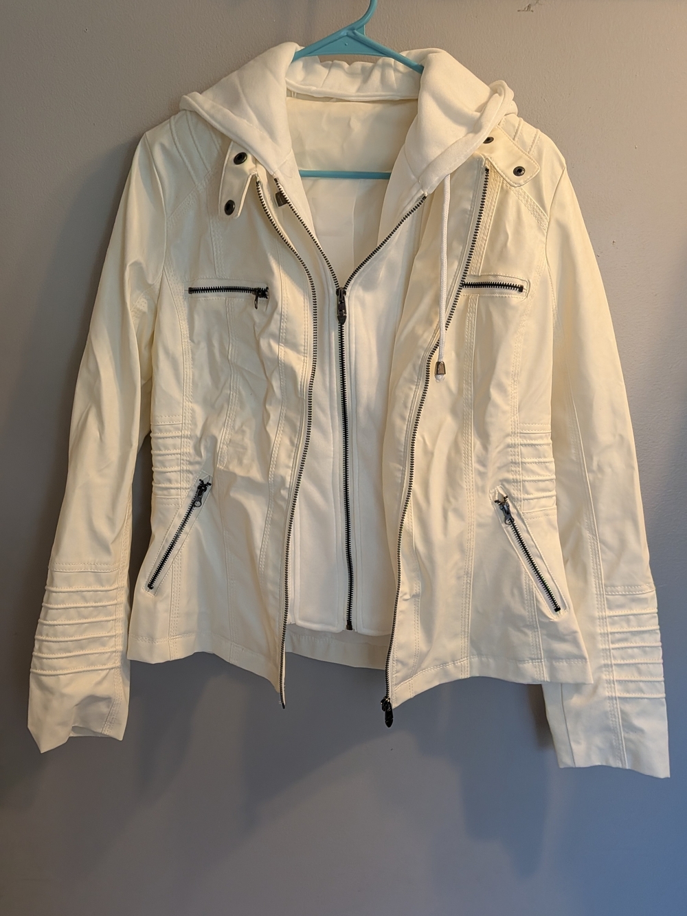Women's White Moto Style Jacket with Detachable-Look Hoodie - Picture 1 of 4
